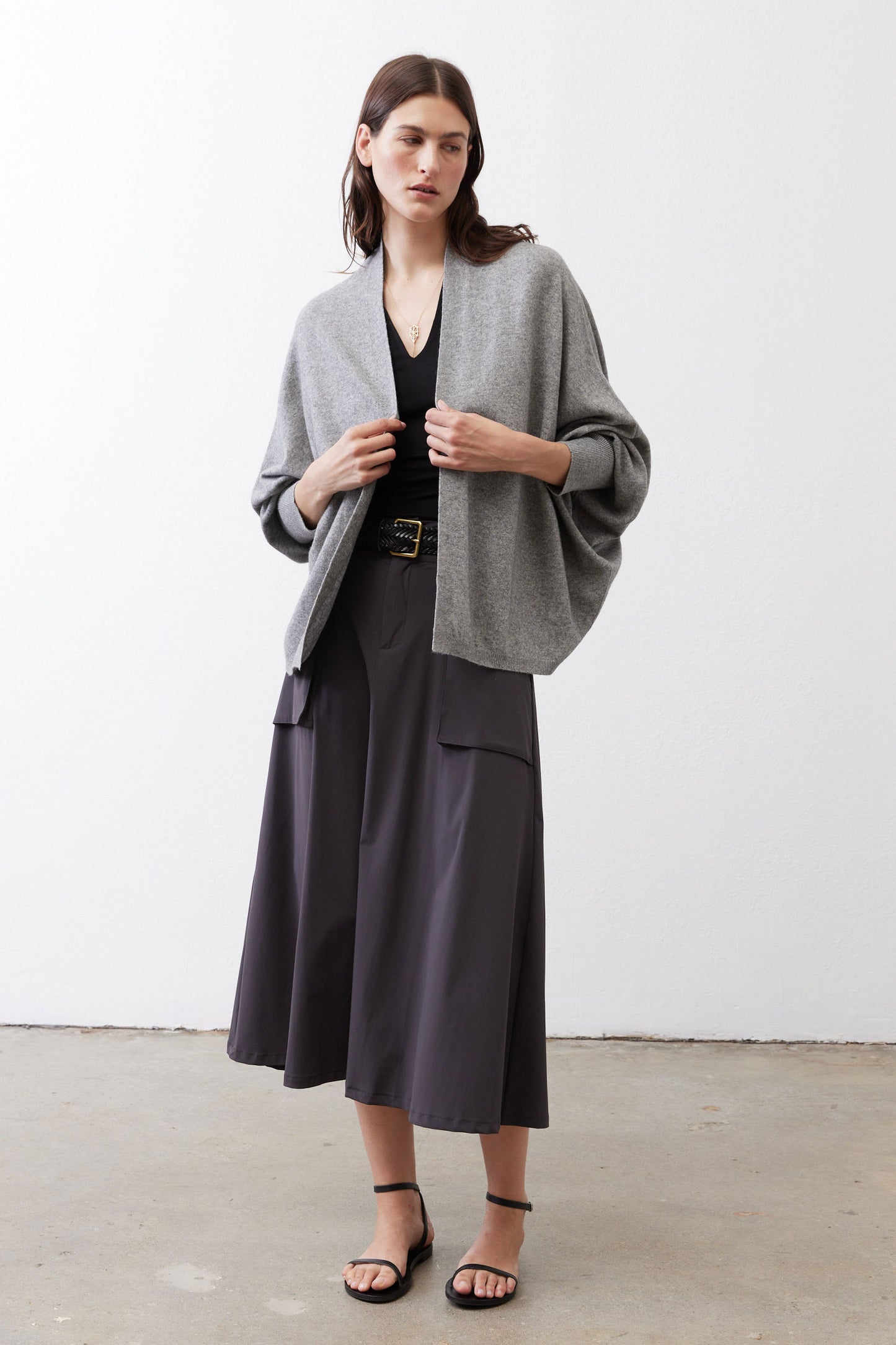 Heather gray drape cardigan, open front, wide sleeves with relaxed drape