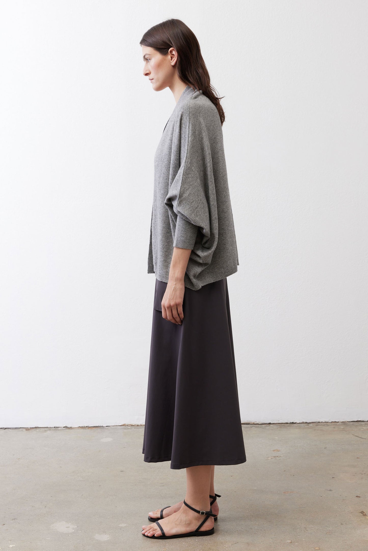 Heather gray drape cardigan, back view, relaxed fit and 3/4 sleeves