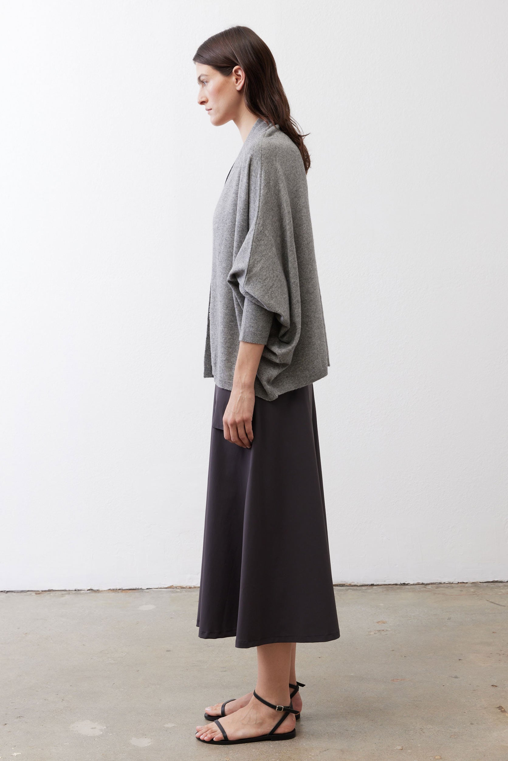 Heather gray drape cardigan, back view, relaxed fit and 3/4 sleeves