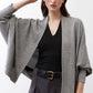 Heather gray cardigan with open front, dropped shoulders, and folded rolled cuffs