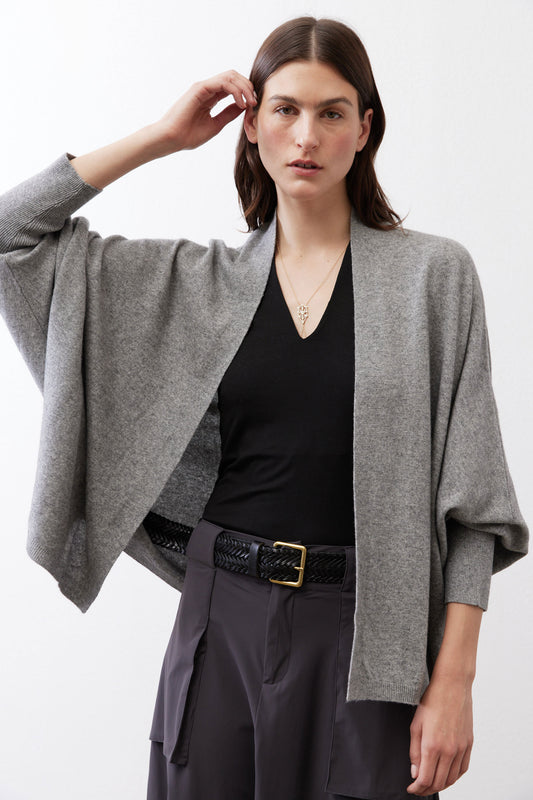 Heather gray cardigan with open front, dropped shoulders, and folded rolled cuffs