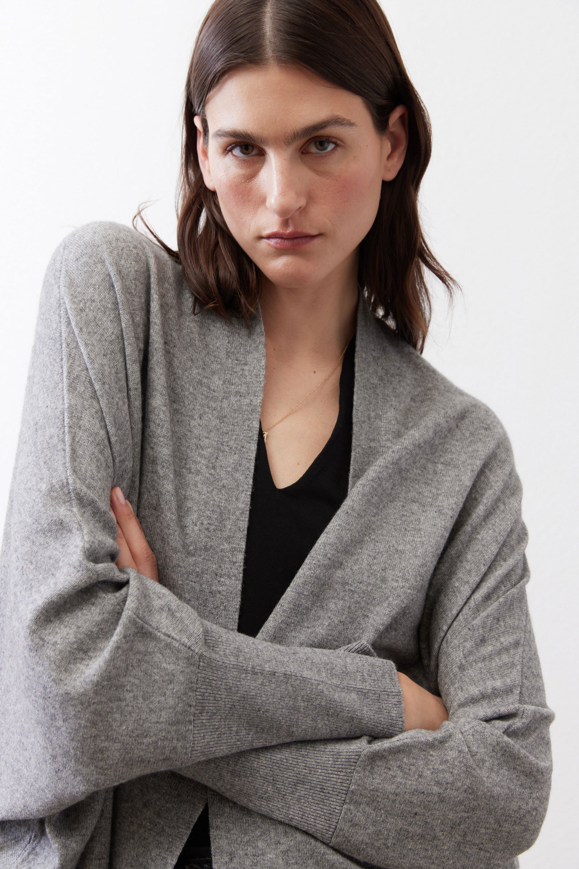 Heather gray wool-blend cardigan with open front, soft drape and long sleeves