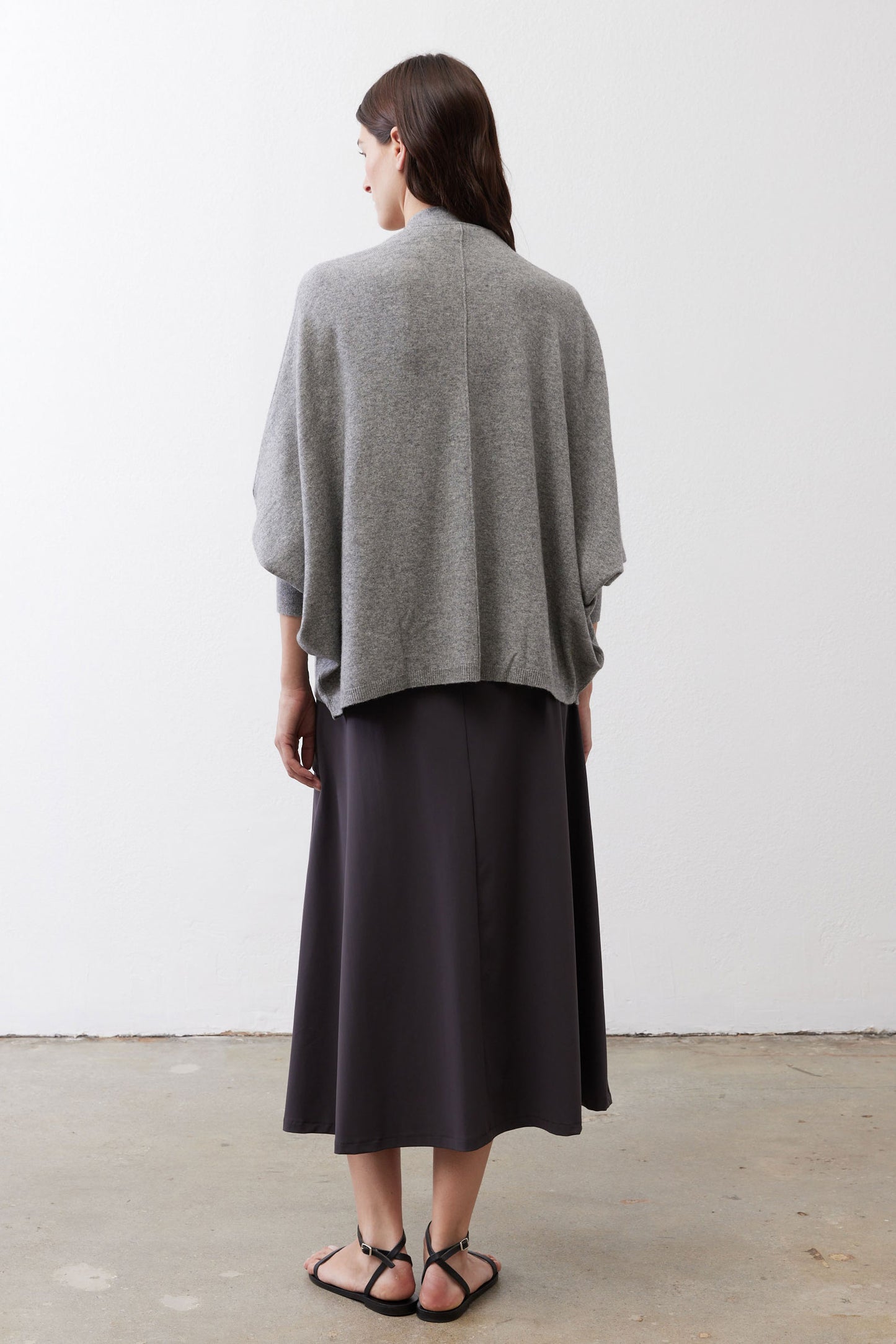 Heather gray drape cardigan, back view with relaxed shoulders and open front