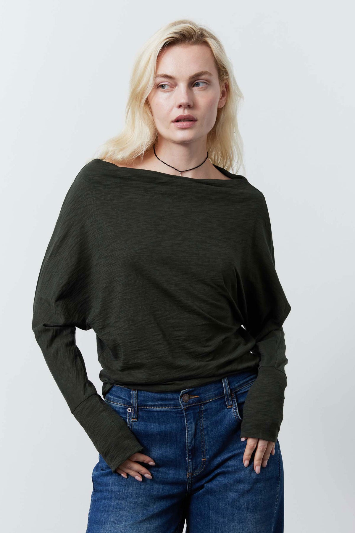 Forest green dolman top with slouchy neckline and wide dolman sleeves