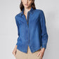 Medium-wash denim zipper blouse with stand collar and long sleeves