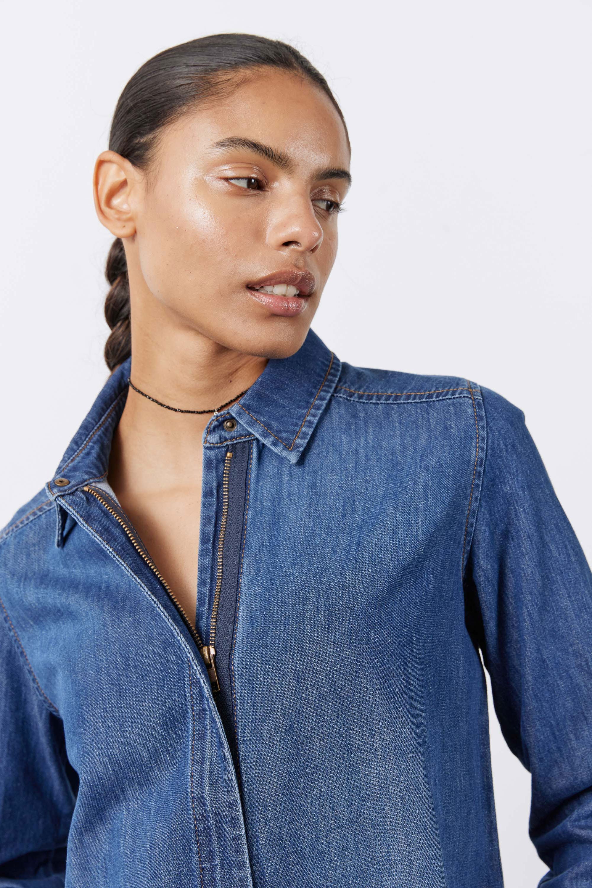 Denim Handkerchief With a Zipper Blouse | Mira Medium Wash – Ruti