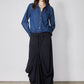 Blue denim button-front shirt with point collar and long sleeves, relaxed fit