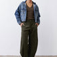 Night blue hooded denim jacket, button front and chest pockets