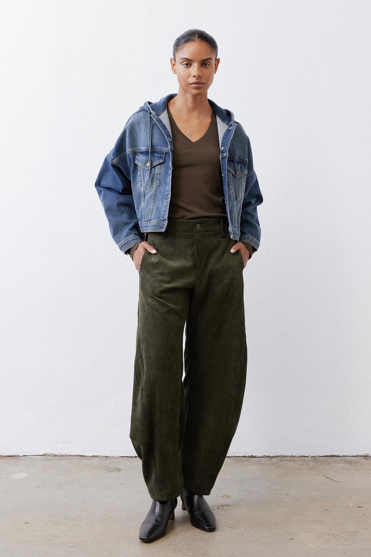 Night blue hooded denim jacket, button front and chest pockets