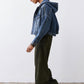 Night blue hooded denim jacket with drawstring hood and side seam pockets
