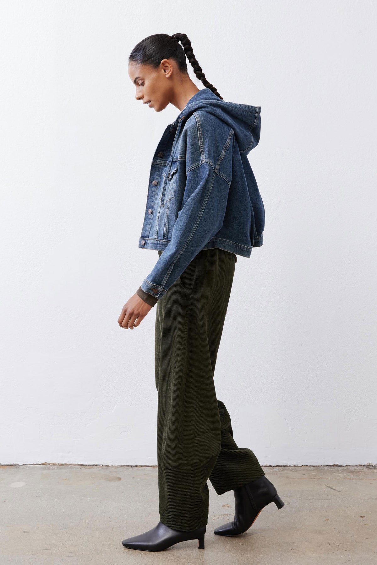Night blue hooded denim jacket with drawstring hood and side seam pockets