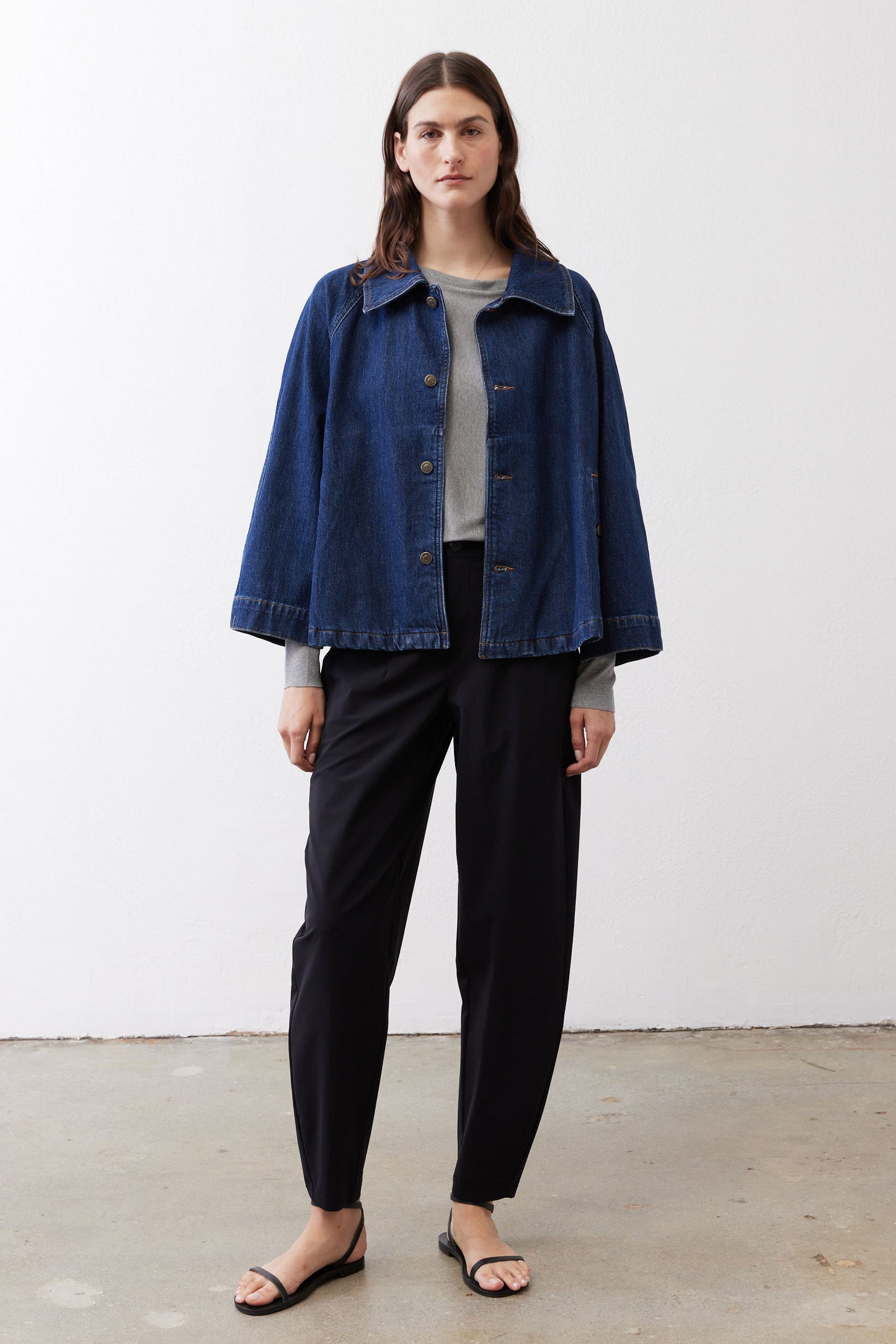 Denim cropped swing jacket, medium wash, button-front and chest pocket details