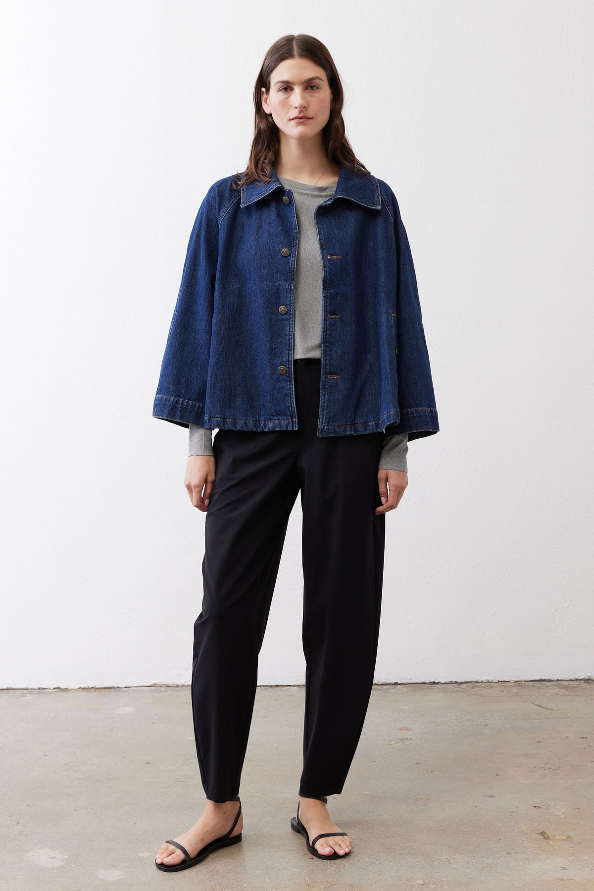 Denim cropped swing jacket, medium wash, button-front and chest pocket details