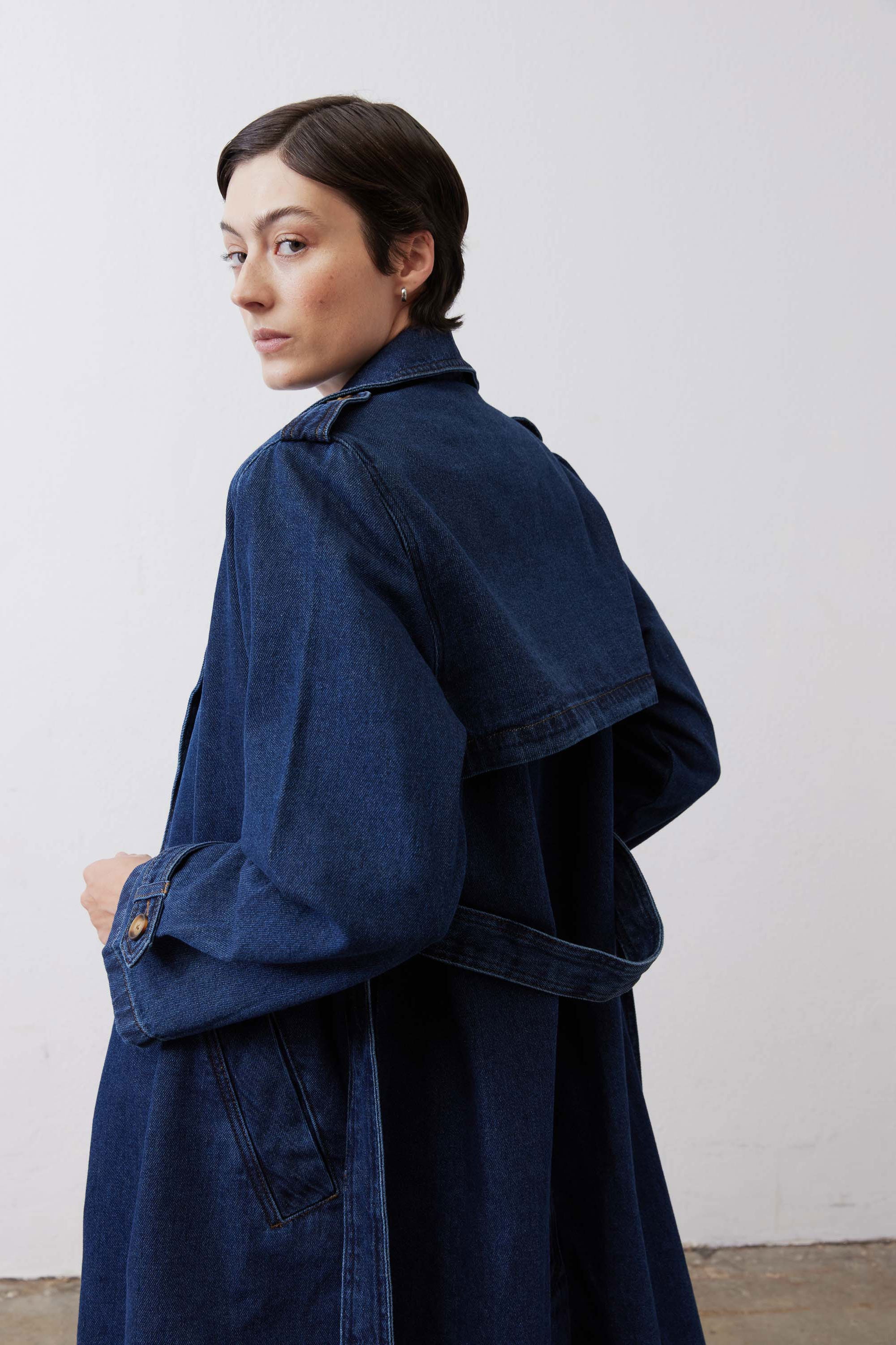 The Denim Trench Coat | River Dark Wash – Ruti