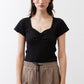 Black square-neck short-sleeve top with draped ruched bodice