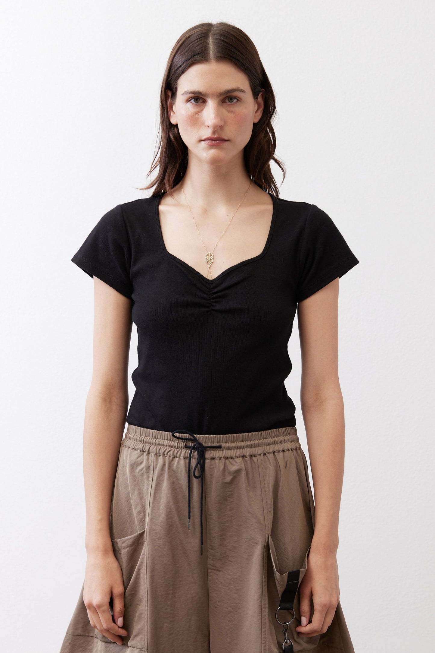 Black square-neck short-sleeve top with draped ruched bodice