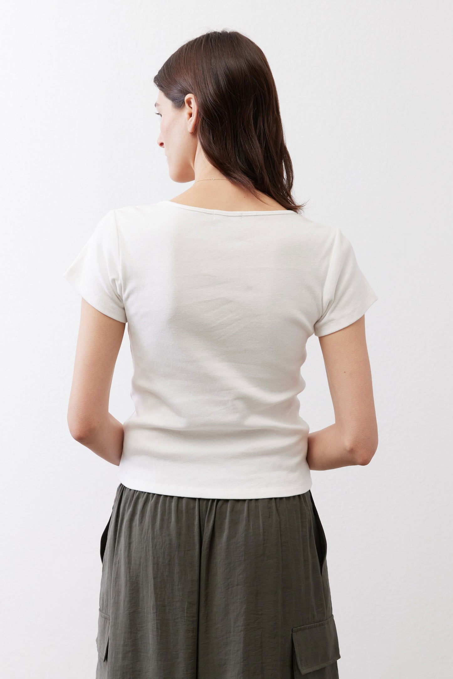 Ivory short-sleeve top with a square back neckline