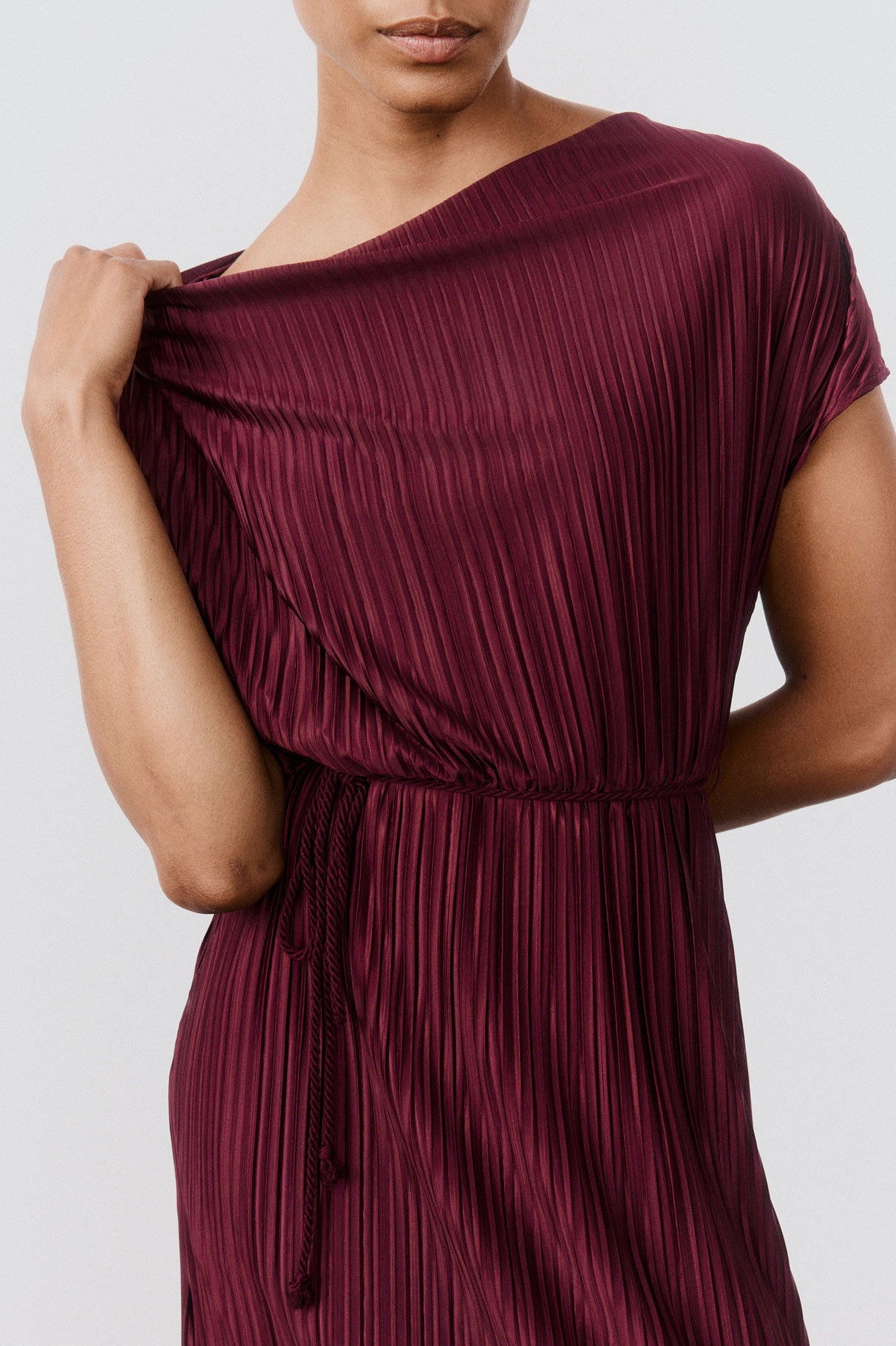 Draped Pleated Maxi Dress Deep Burgundy / XS Draped Pleated Maxi Dress Deep Burgundy / XS