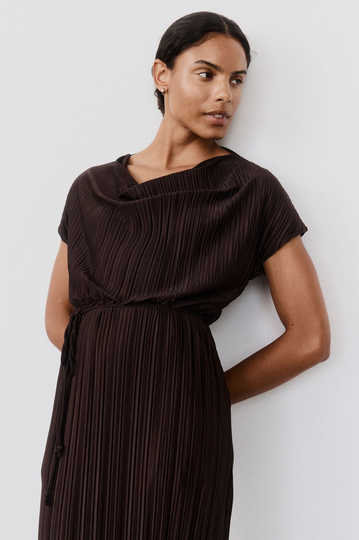 Draped Pleated Maxi Dress Cocoa / XS Draped Pleated Maxi Dress Cocoa / XS