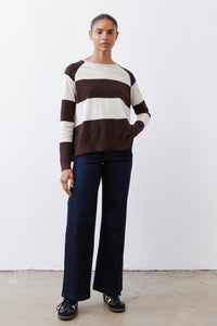 Striped raglan sweater with wide brown and white horizontal stripes