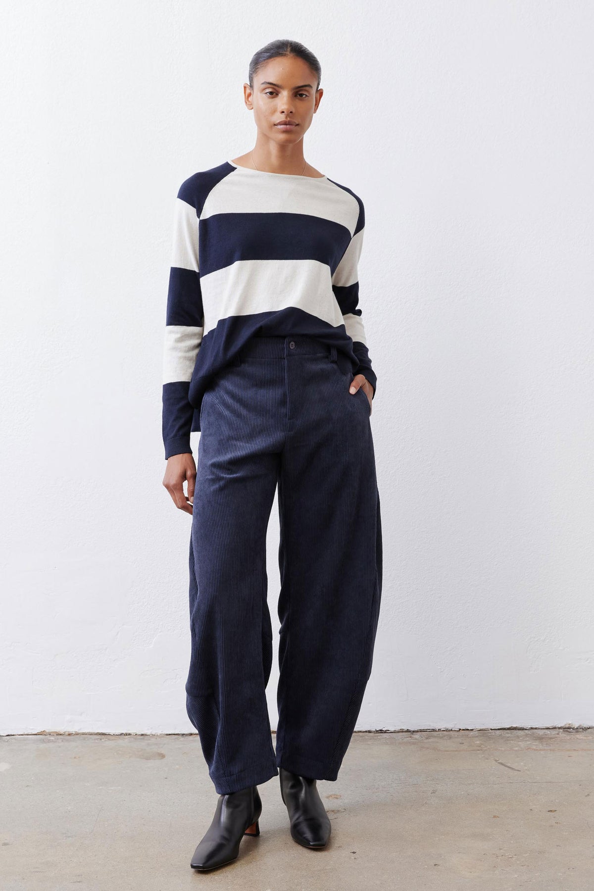 Navy and cream striped raglan sweater with wide crew neck