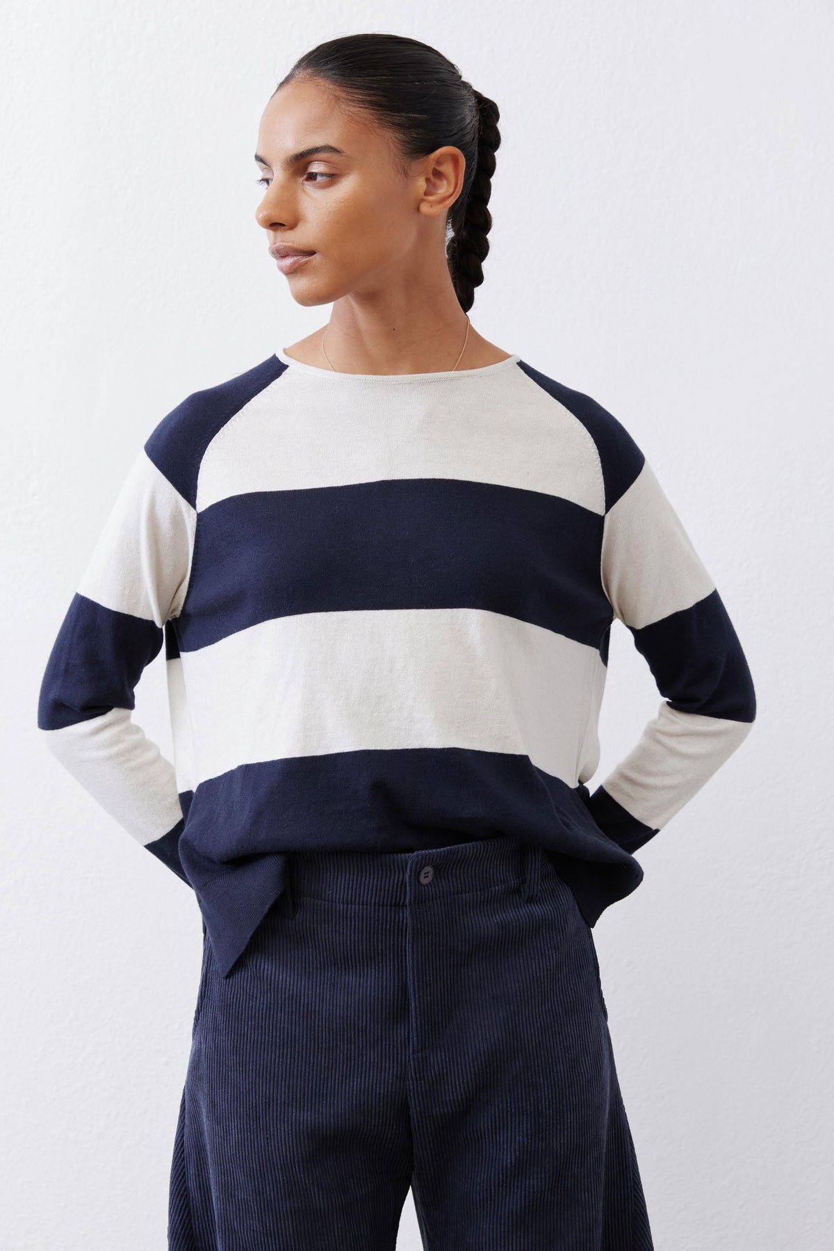 Navy and cream striped raglan sweater, side view