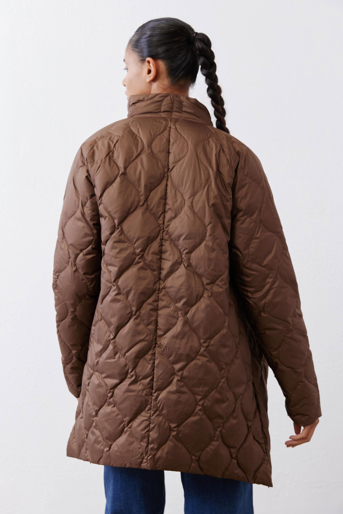 Bistro Brown light down puffer coat with diamond quilting, back view, mid-thigh length