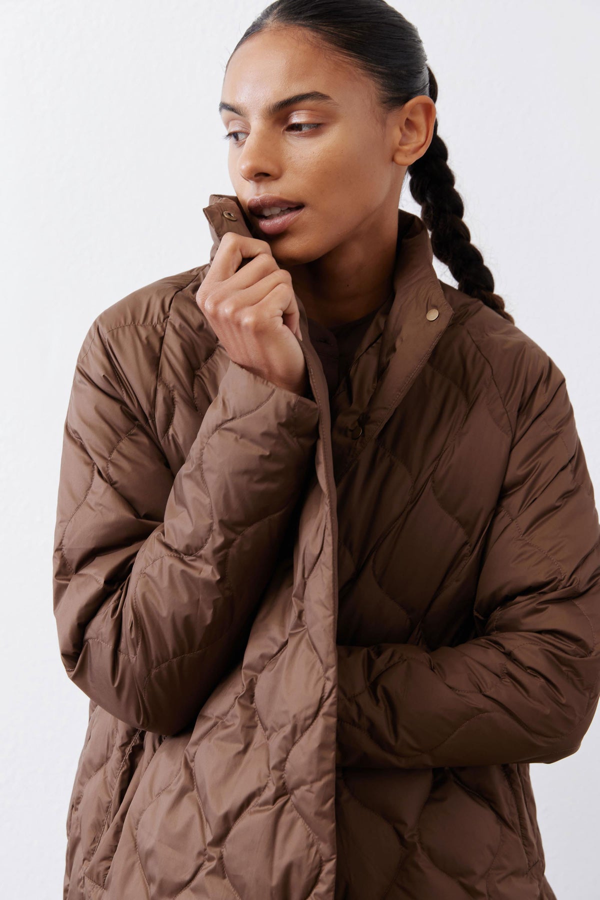 Light down puffer coat in bistro brown, stand collar, full-length zipper