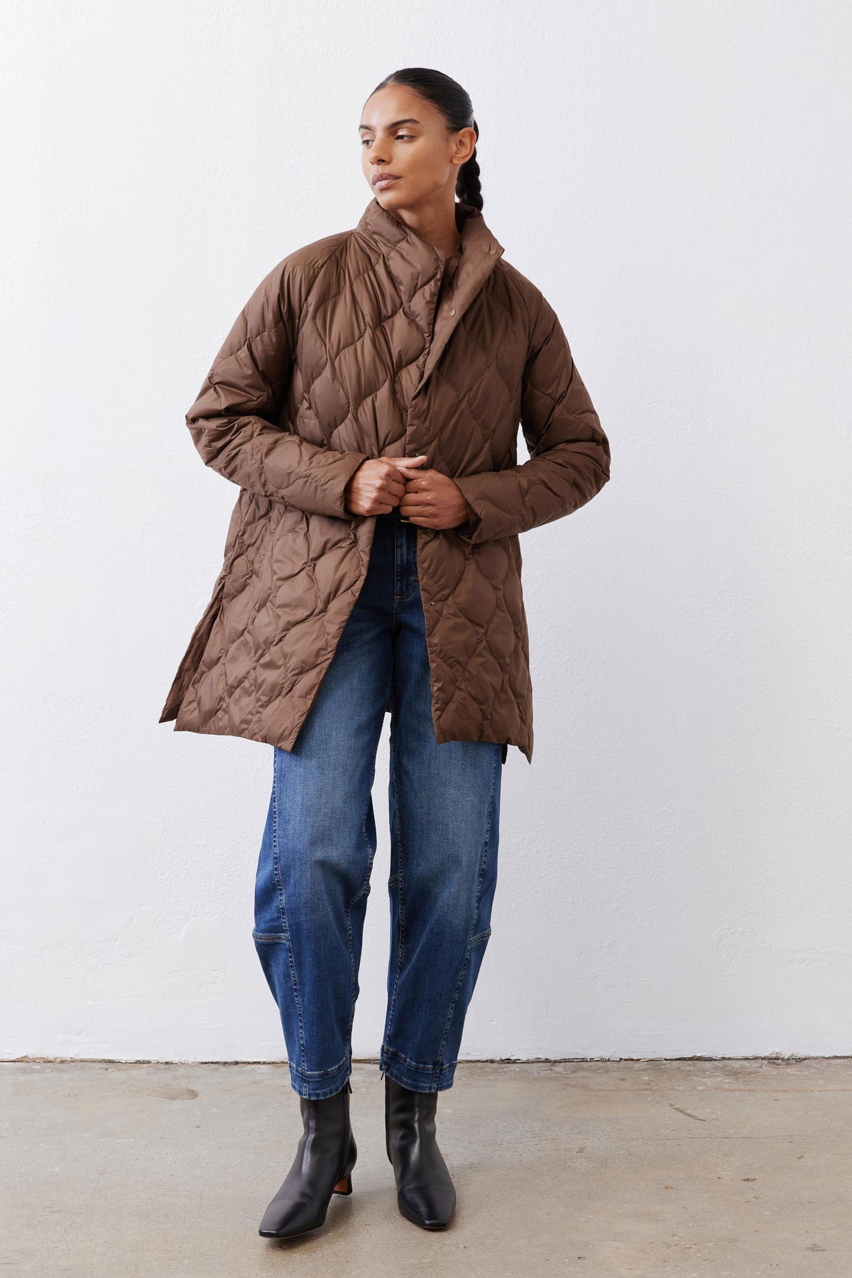Bistro Brown quilted light down puffer coat with high collar, zip front