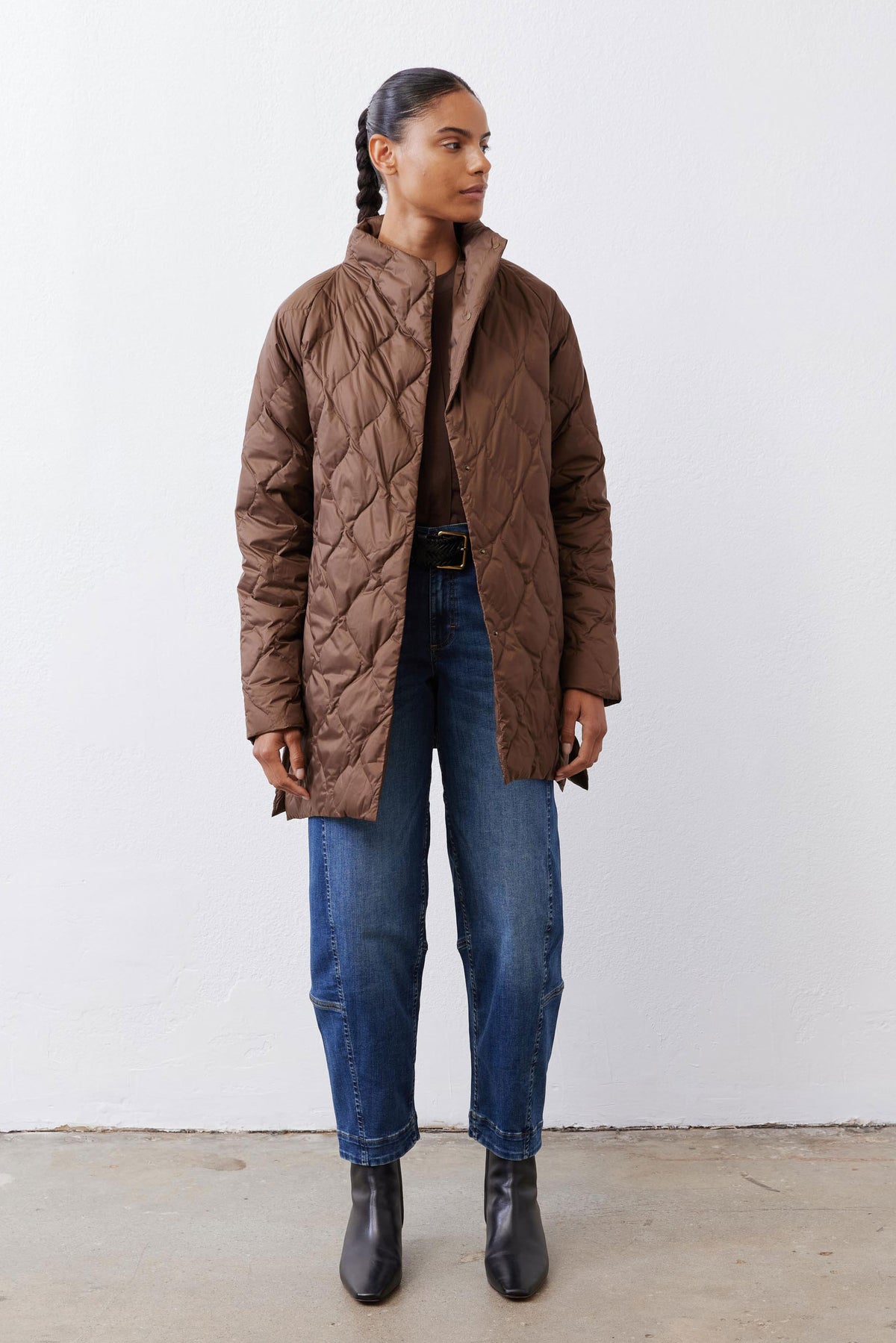 Bistro Brown light down puffer coat, quilted pattern, standing collar