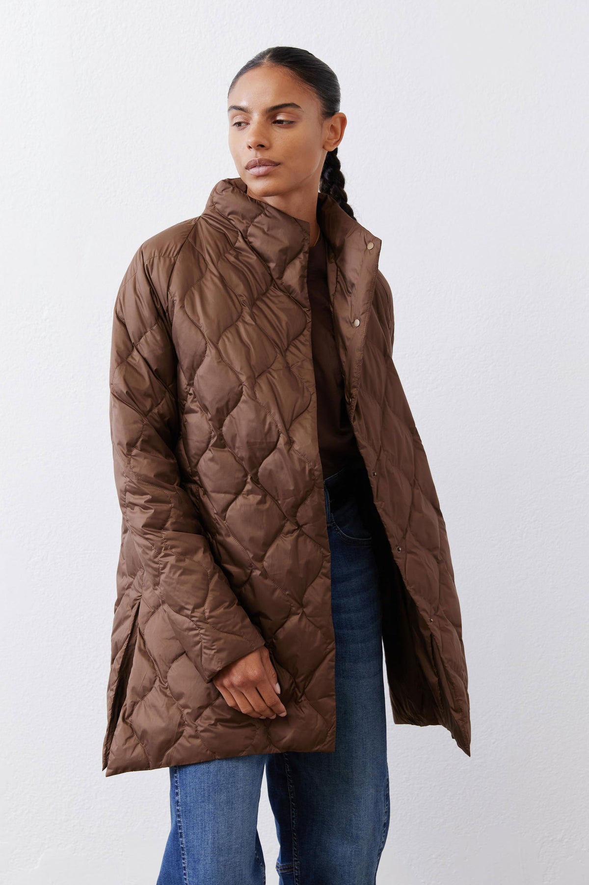 Bistro Brown light down puffer coat with zip front and diamond quilting, close view