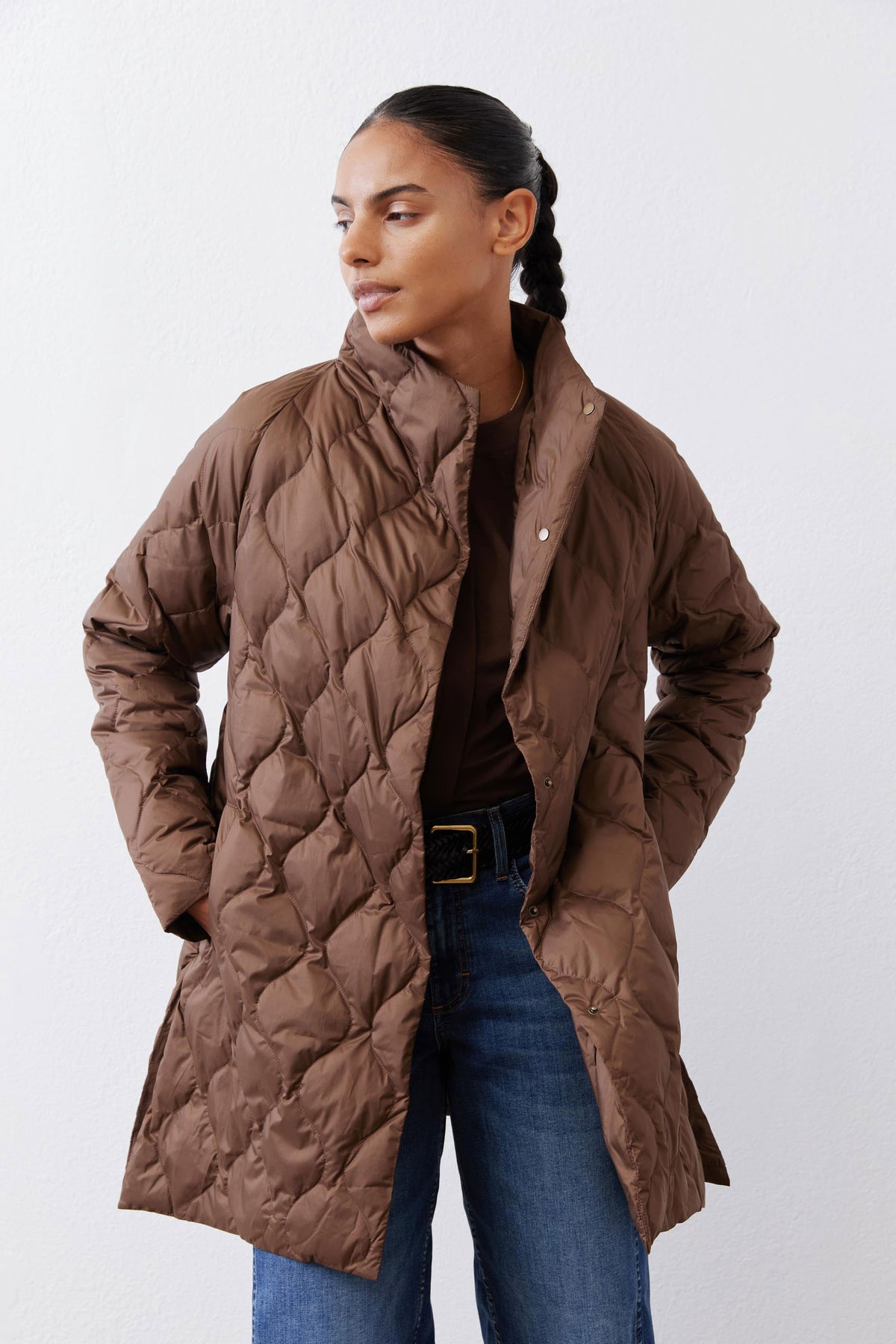 Bistro Brown quilted light down puffer coat, zip front, side hand pocket view