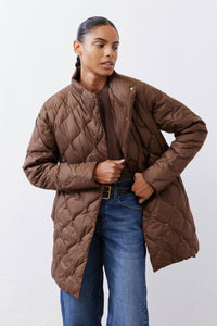 Bistro Brown light down puffer coat with high neck, front zip, quilted design
