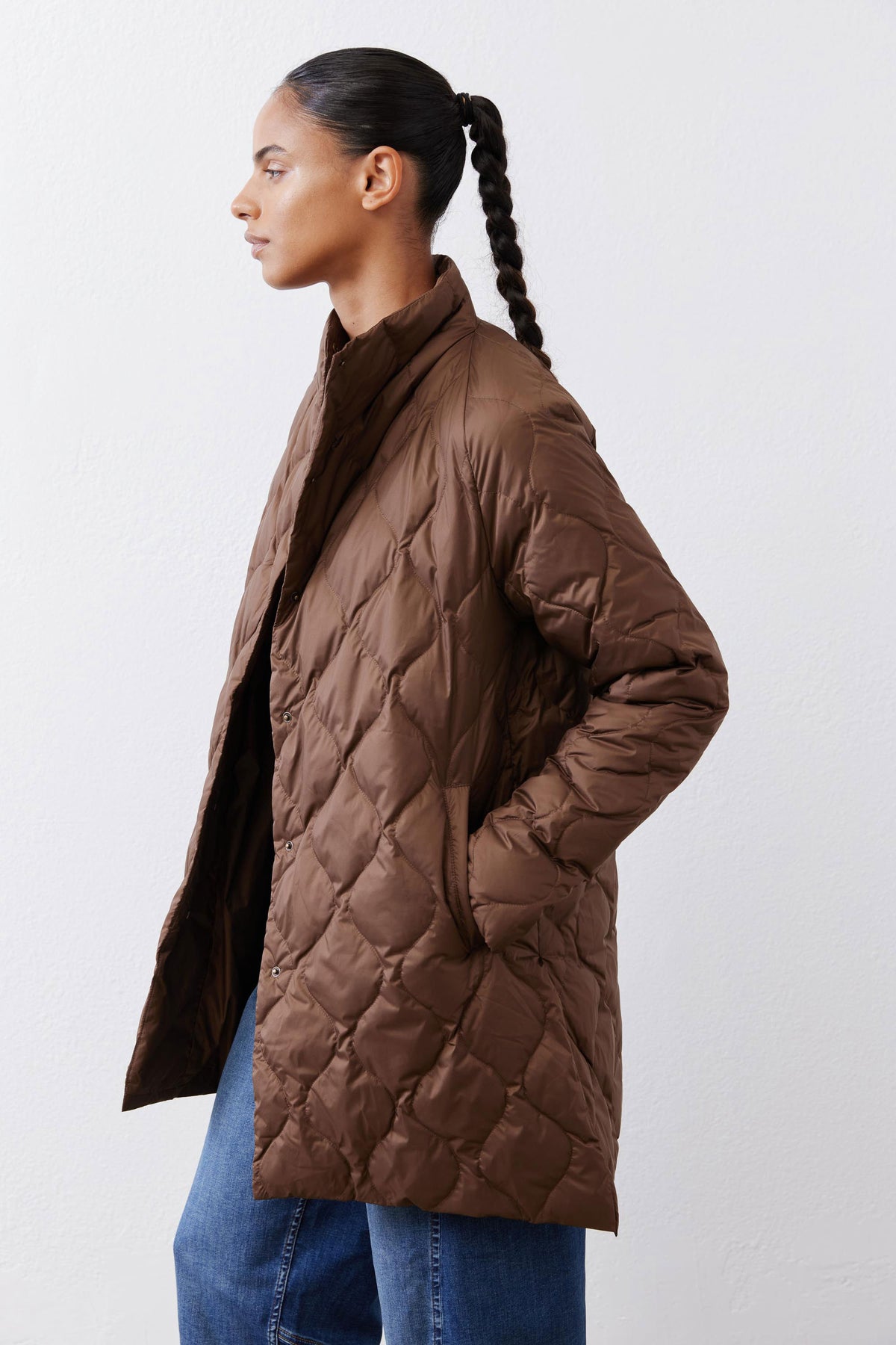 Bistro Brown quilted light down puffer coat with high collar, back/side view