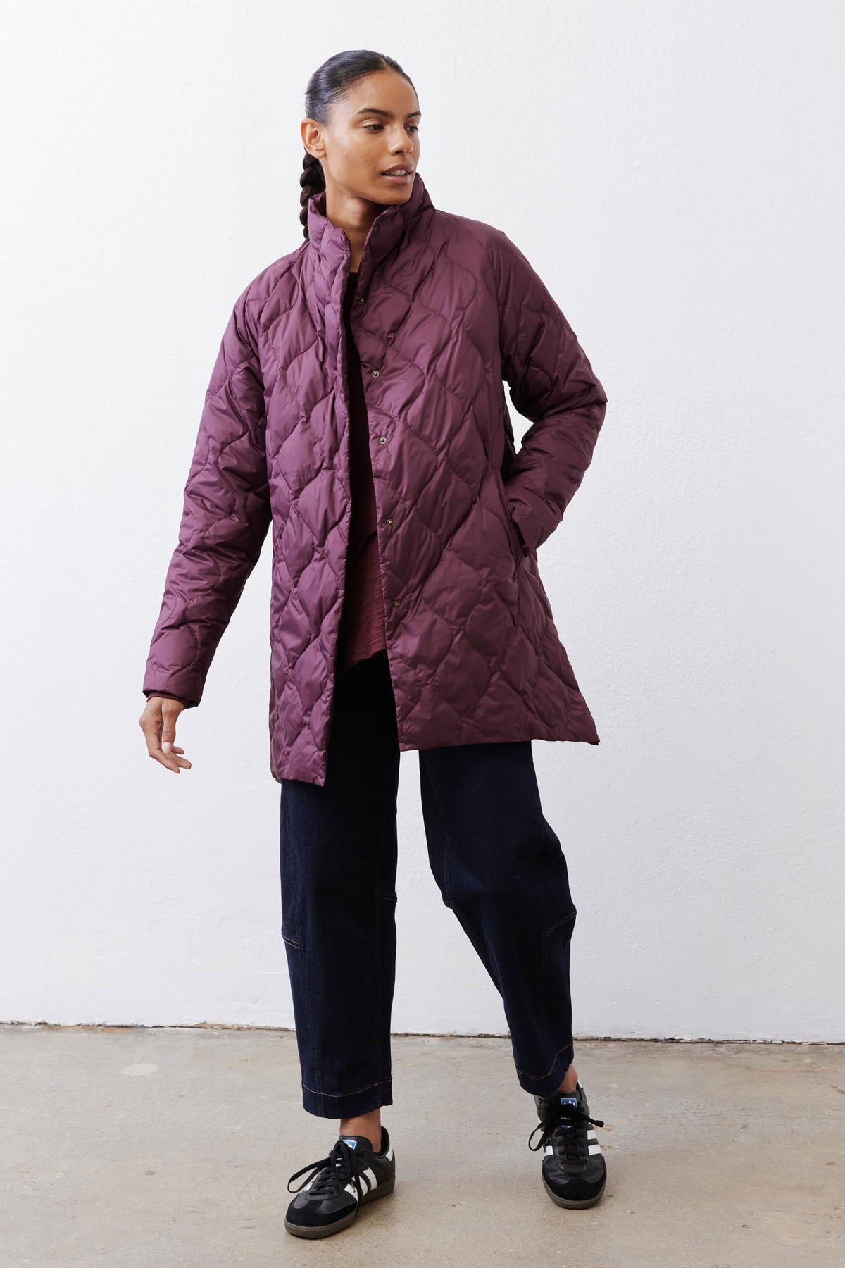 Deep plum quilted down puffer coat with hood, full-length sleeves