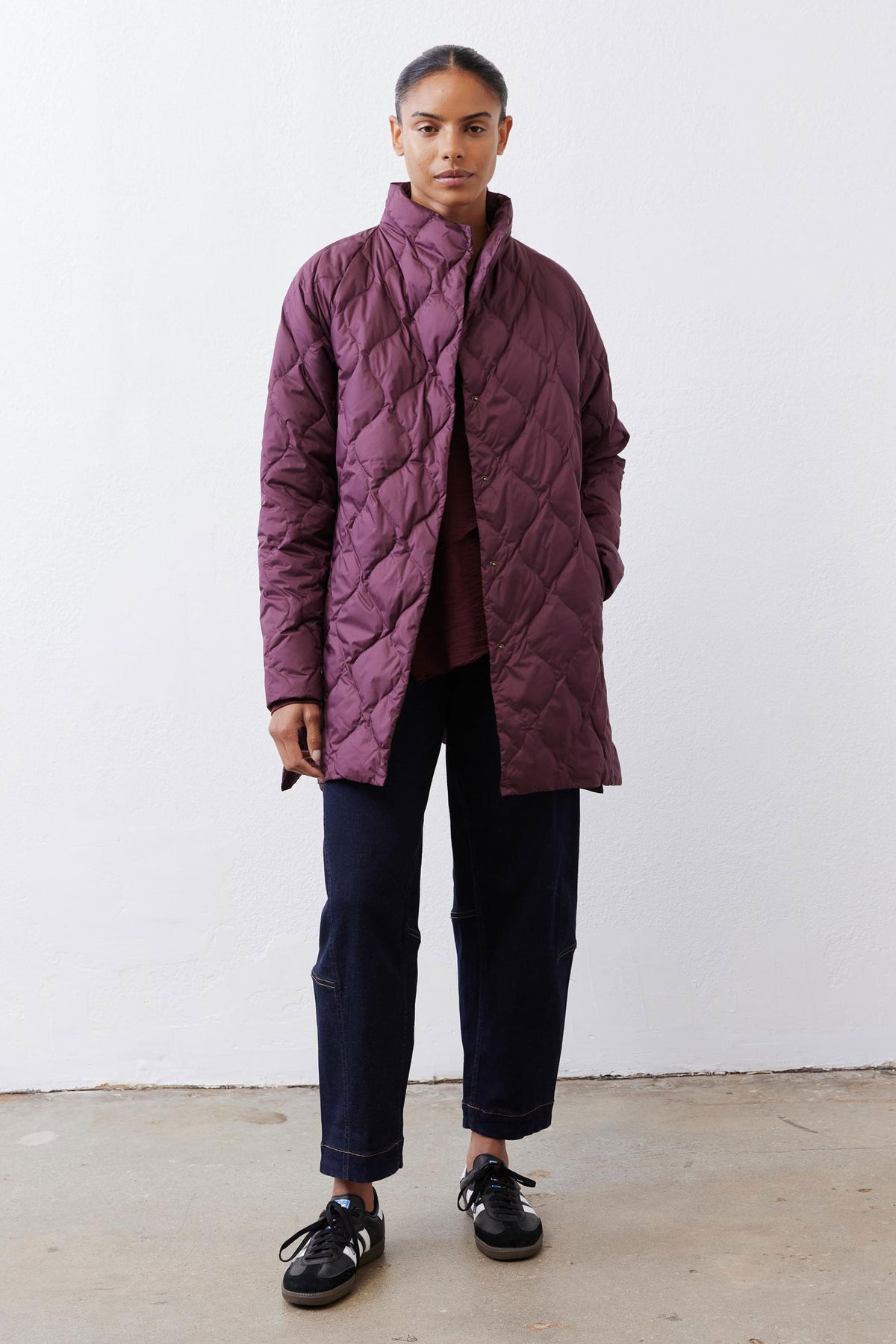 Deep plum hooded down puffer coat, front zip and side pockets