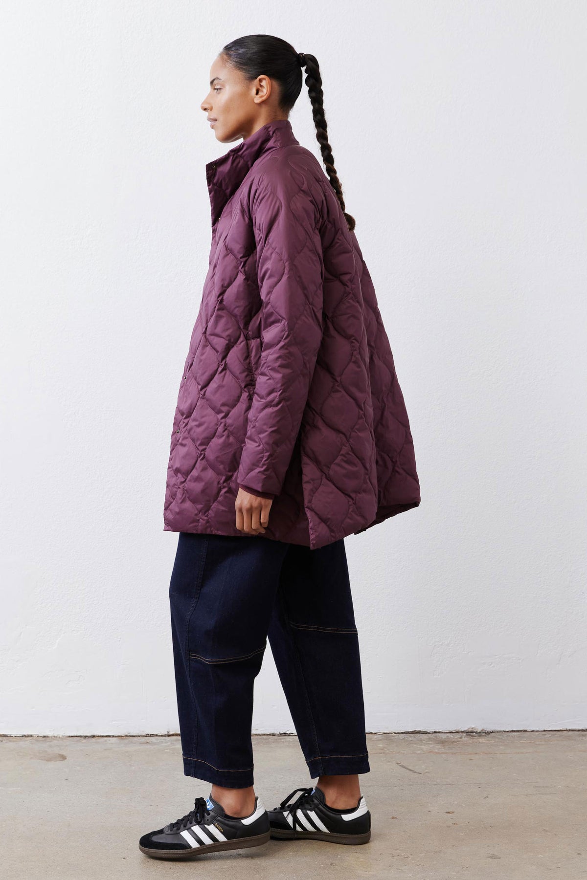 Deep plum quilted down puffer coat, back view, mid-thigh length