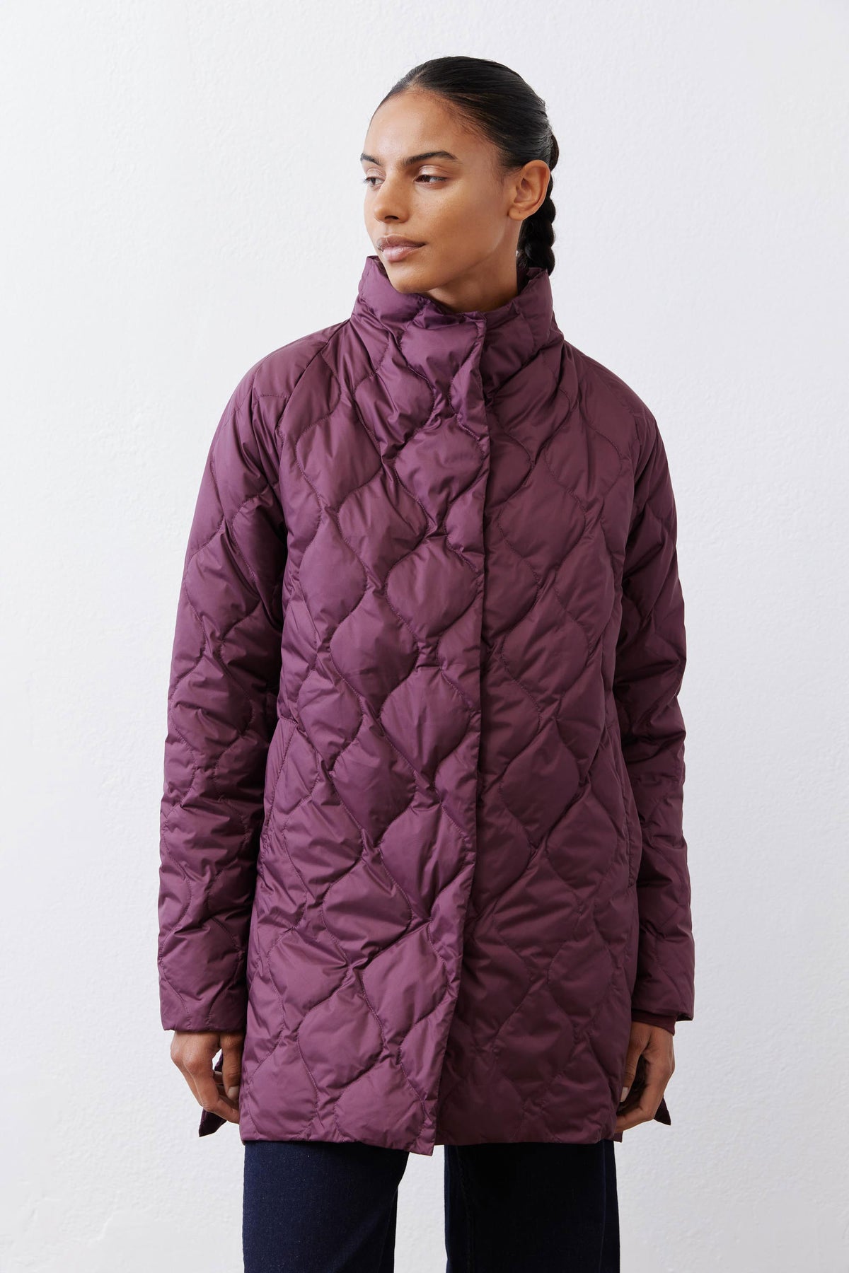 Deep plum hooded down puffer coat front view with high collar
