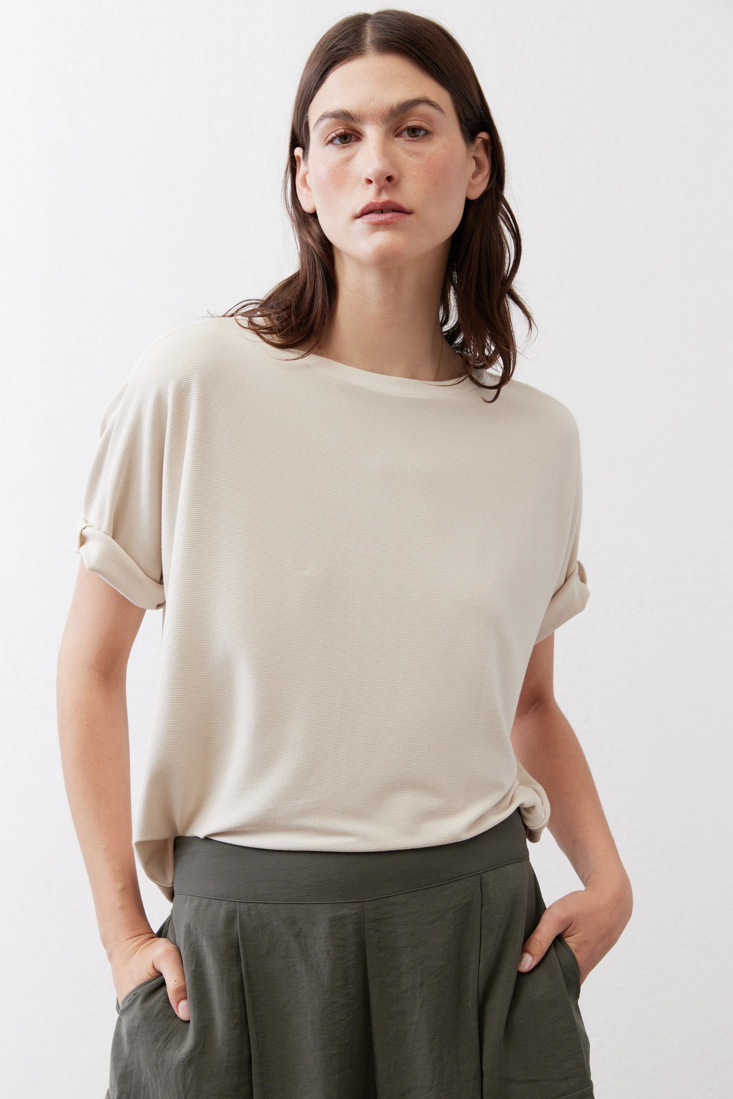 Cloud cream short-sleeve button top, crew neckline, relaxed fit