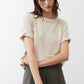 Cloud cream short-sleeve button top with crew neck and draped silhouette