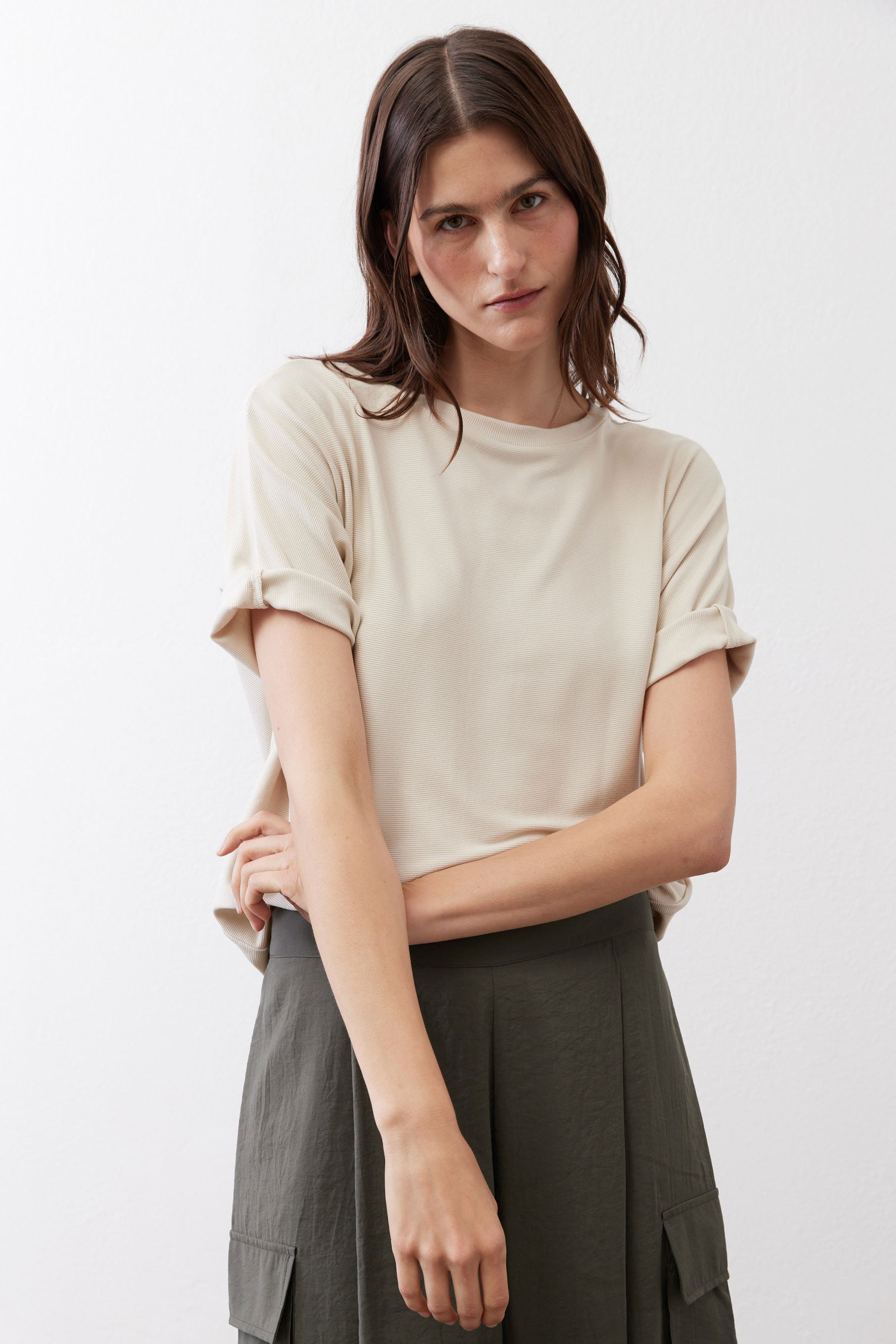 Cloud cream short-sleeve button top with crew neck and draped silhouette