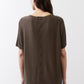 Olive short-sleeve button-back top with round neckline and relaxed drape