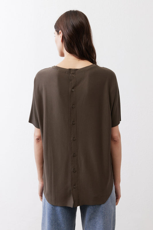 Olive short-sleeve button-back top with round neckline and relaxed drape