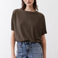 Olive short-sleeve pullover top with wide neckline and draped fit