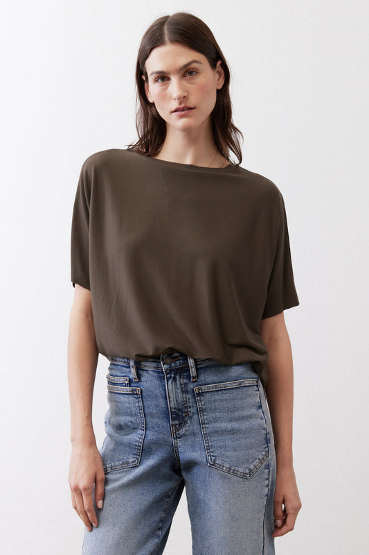 Olive short-sleeve pullover top with wide neckline and draped fit