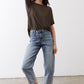 Olive short-sleeve pullover top with relaxed hemline and casual drape