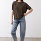 Olive short-sleeve pullover top with wide neckline and easy fit