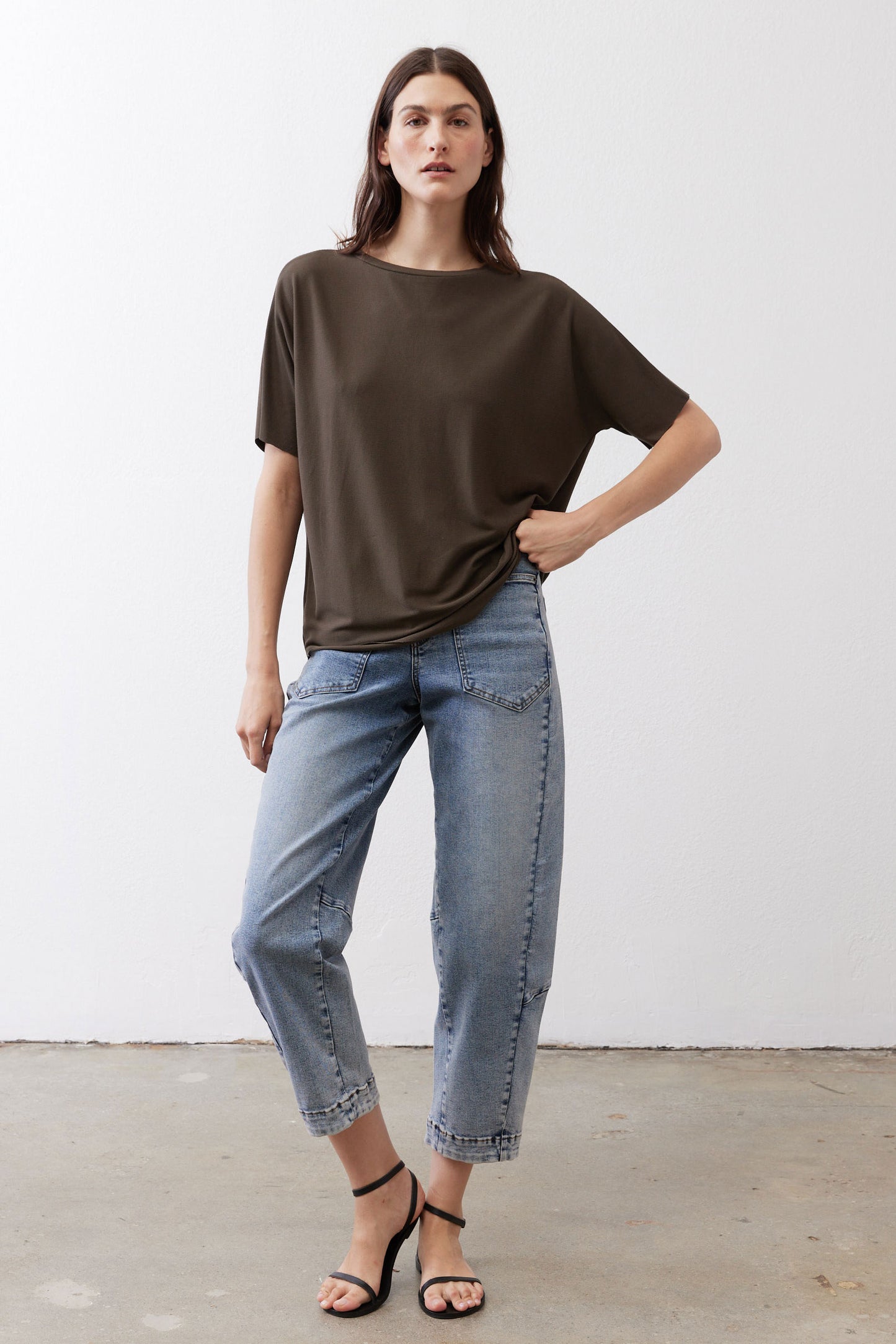 Olive short-sleeve pullover top with wide neckline and easy fit