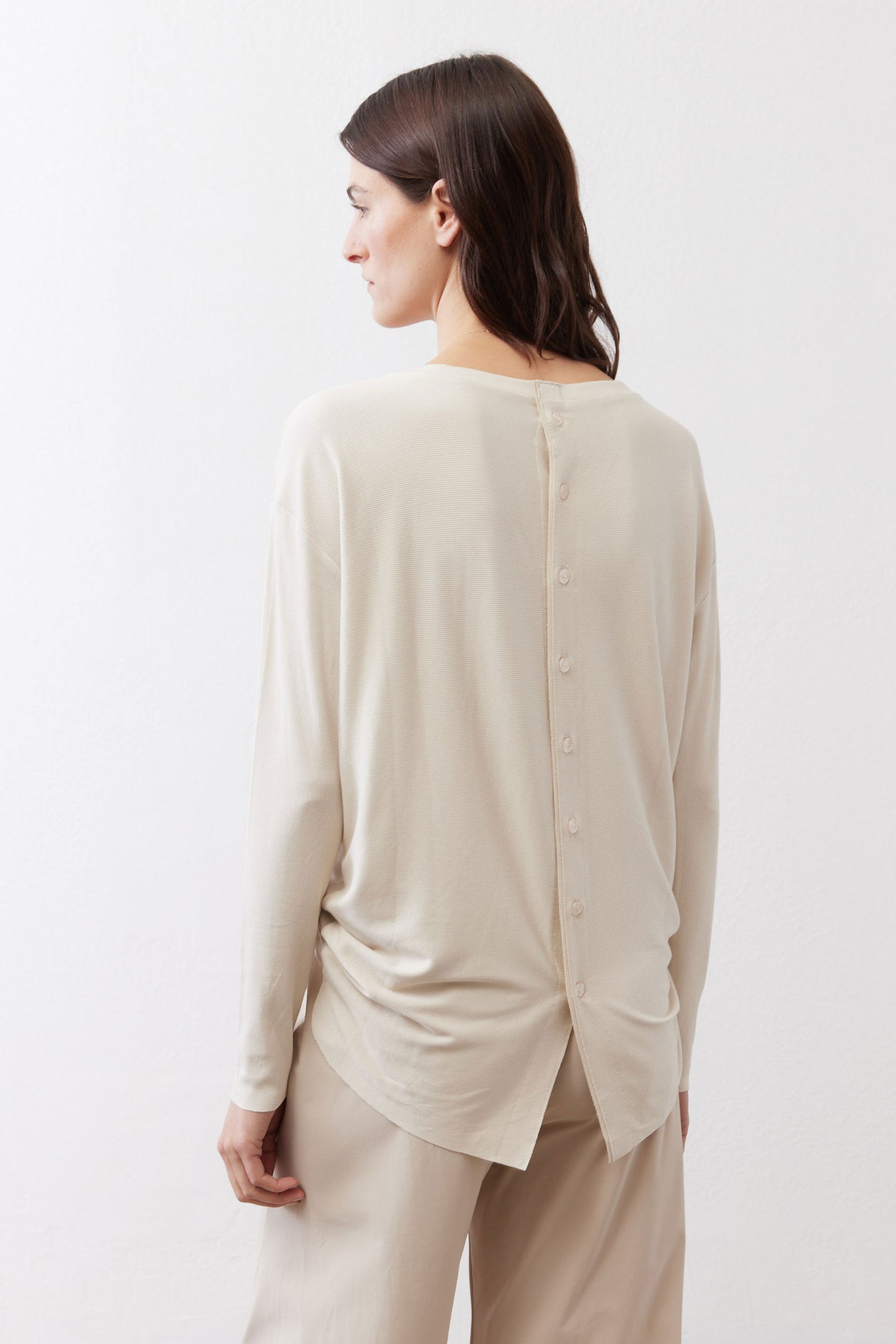 Cloud button-back long-sleeve top, back view with button placket