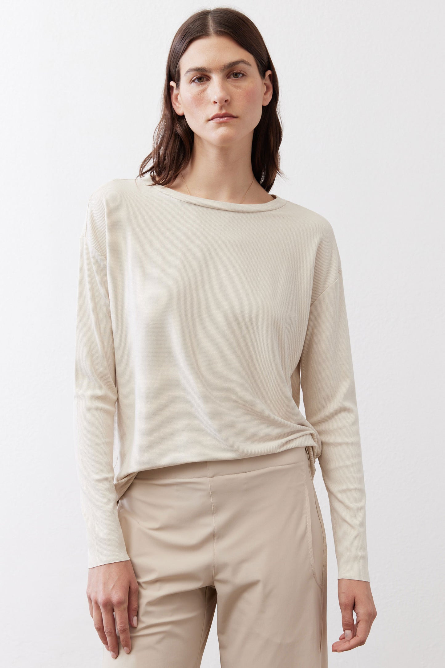 Cloud long-sleeve top with crew neck, gathered waist tie at front